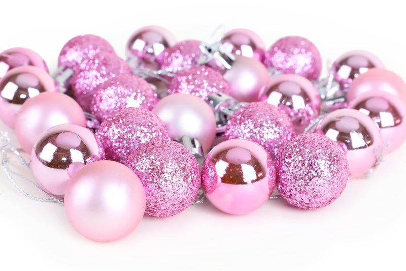 Christmas ConceptsÂ® Pack of 25-25mm Mini Christmas Tree Baubles - Shiny, Matte & Glitter Decorated Ornaments (Baby Pink) - Image 3